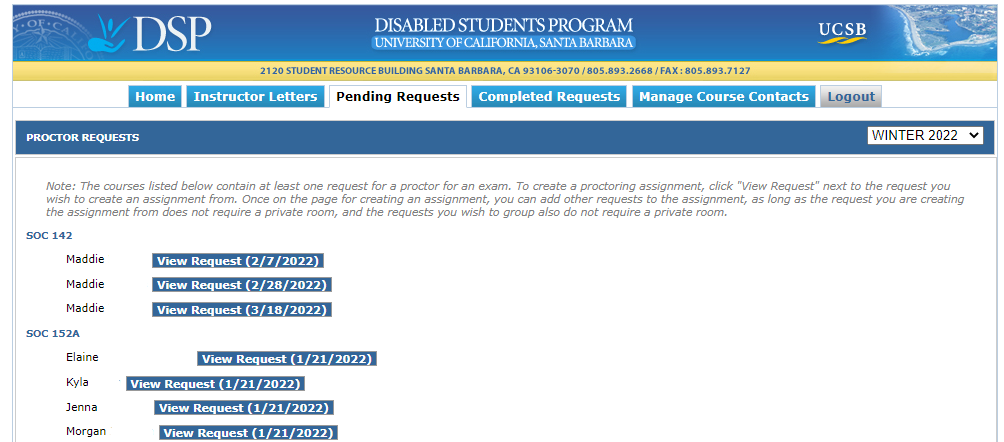 Screenshot of proctor requests tab on DSP portal 