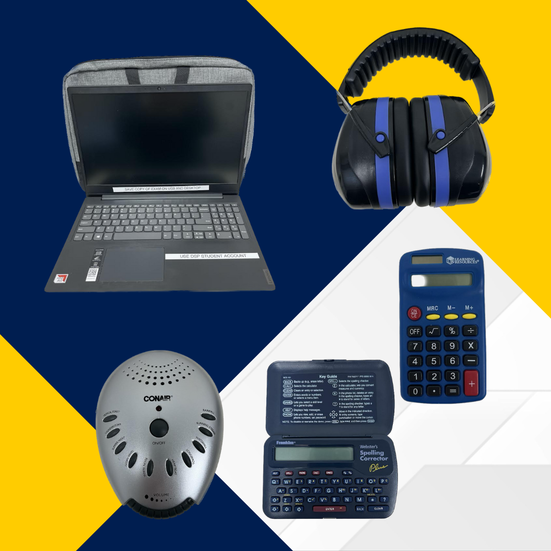 Noise cancelling headphones, spellchecker, four function calculator, white noise machine, and laptop