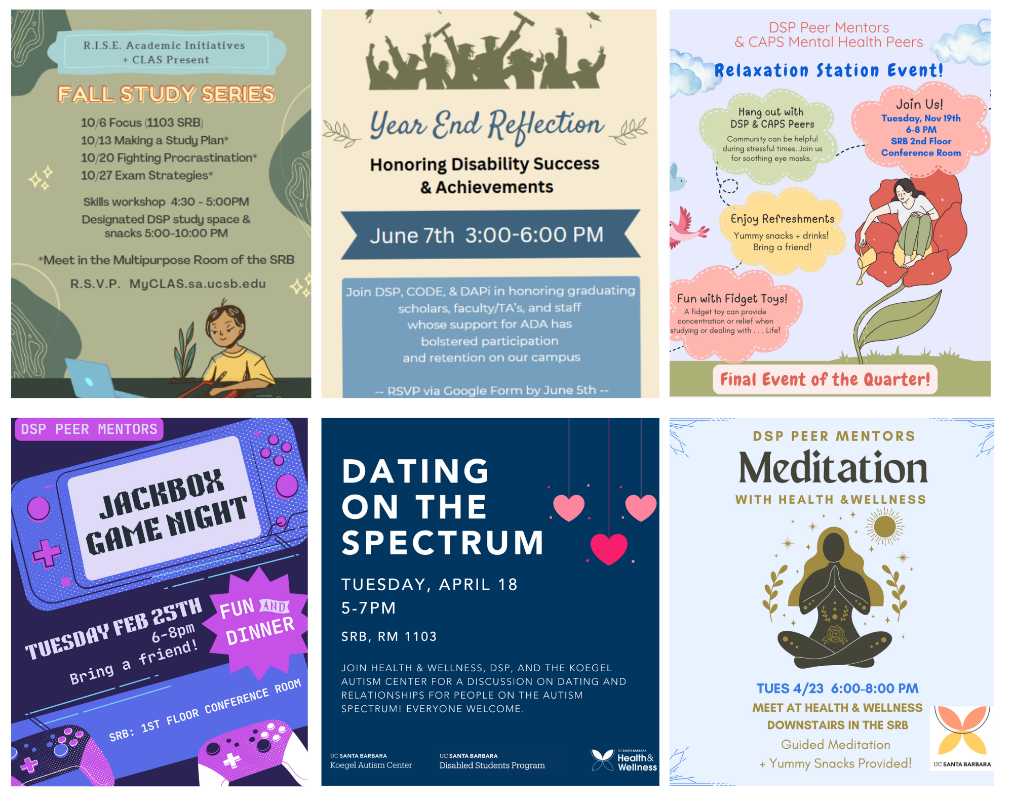 A collage of six colorful flyers advertises past student wellness events at UCSB, including study workshops, relaxation sessions, game nights, discussions, and meditation. Each flyer features illustrations such as students, hearts, game controllers, and nature elements, with bold event titles and dates.