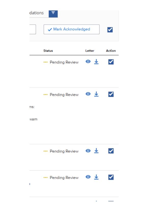 A close-up of the accommodation list shows multiple rows with checkboxes selected in the "Action" column. A primary checkbox in the header row is also selected, and the "Mark Acknowledged" button at the top is active, indicating that several student requests are ready for simultaneous confirmation.