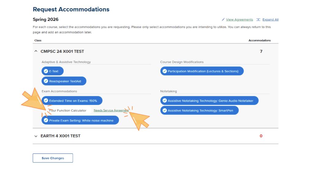 Expanded course details for CMPSC 24 showing various accommodations. One item, 'Four Function Calculator,' has a green 'Needs Service Agreement' link next to it.