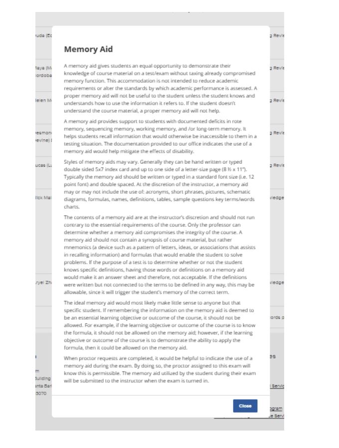 A zoomed-in view of an instructional pop-up window titled "Memory Aid" with extensive paragraphs of descriptive text. It explains the accommodation's purpose in supporting students with memory deficits and details its physical specifications. 
