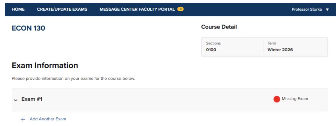 A screenshot of the "Exam Information" page for a specific course. A collapsible section titled "Exam #1" is visible, displaying a red circle icon and the status "Missing Exam," indicating that detailed information for this specific test has not yet been provided.