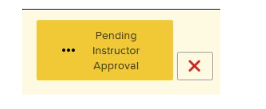 A status indicator showing a yellow button labeled "Pending Instructor Approval" with an ellipsis (...) icon, placed next to a red X cancel button.