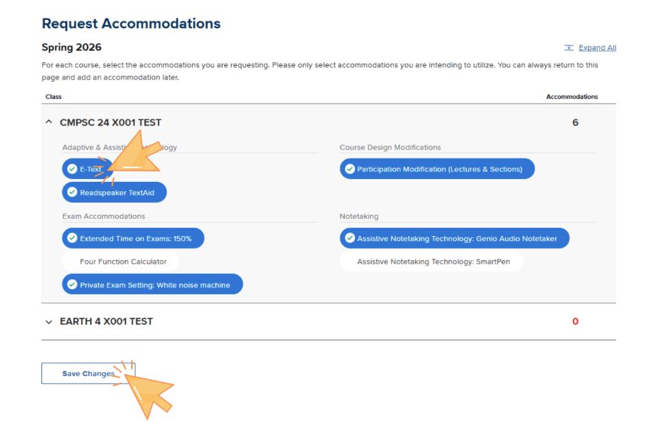 Expanded course details showing all accommodations that a student is approved for. Those that have been selected to be included in the letter of accommodation are highlighted blue, and those not highlighted will not be included in the letter.