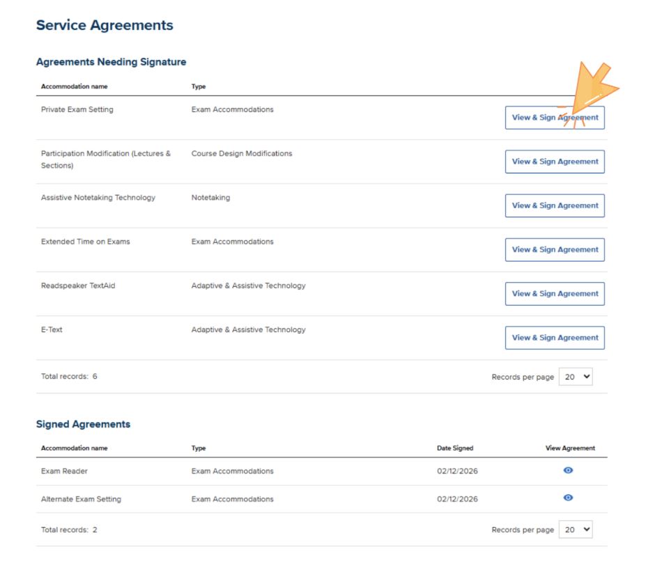 Service Agreements page showing a table of agreements needing signature with 'View and Sign Agreement' buttons for each item.