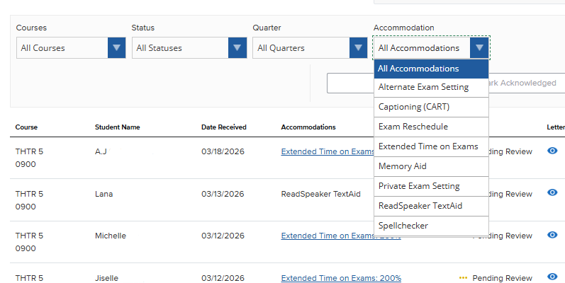 A screenshot of the instructor dashboard focusing on the filtration system for accommodation letters. An open dropdown menu under the "Accommodation" header displays various filtering options, including "Alternate Exam Setting," "Captioning (CART)," "Exam Reschedule," "Extended Time on Exams," "Memory Aid," "Private Exam Setting," "ReadSpeaker TextAid," and "Spellchecker." The background table updates in real-time to show only the students matching the selected criteria.