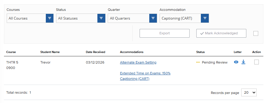 A screenshot of the instructor dashboard with the Accommodation filter active. The dropdown menu is set to Captioning (CART), and the table has updated to show only one students who requires this specific accommodation for the course. The student's record includes the date received, a full list of their approved accommodations, a "Pending Review" status, and icons to view or download their letter.