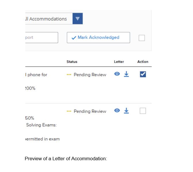 A close-up view of the Letter of Accommodation interface highlights the "Letter" and "Action" columns. Under the "Letter" column, an eye icon and a downward arrow icon allow for viewing and downloading the document.