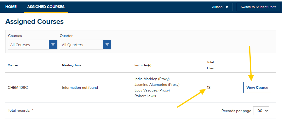 A screenshot of the "Assigned Courses" portal page displays a table listing the class "CHEM 109C" alongside a count of eighteen total files. Two bright yellow arrows highlight the file count number and the adjacent "View Course" button on the right side of the row.