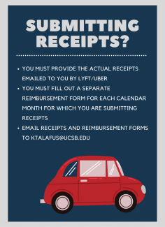 Submitting receipts? You must provide the actual receipts emailed to you by Lyft/Uber. You must fill out a separate reimbursement form for each calendar month for which you are submitting receipts. Email receipts and reimbursement forms to ktalafus@ucsb.edu or submit in person