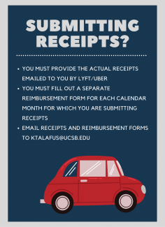 Submitting AS Receipts Decorative Flyer.png Submitting receipts? You must provide the actual receipts emailed to you by Lyft/Uber. You must fill out a separate reimbursement form for each calendar month for which you are submitting receipts. Email receipts and reimbursement forms to ktalafus@ucsb.edu or submit in person