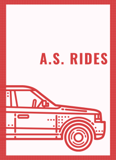 Red border, red outline of the front of a car, with the words A.S. Rides above