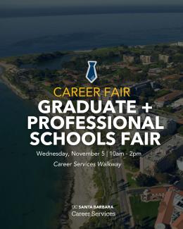 Promotional poster for a Career Fair and Graduate & Professional Schools Fair, featuring text over an aerial view of a coastal university campus